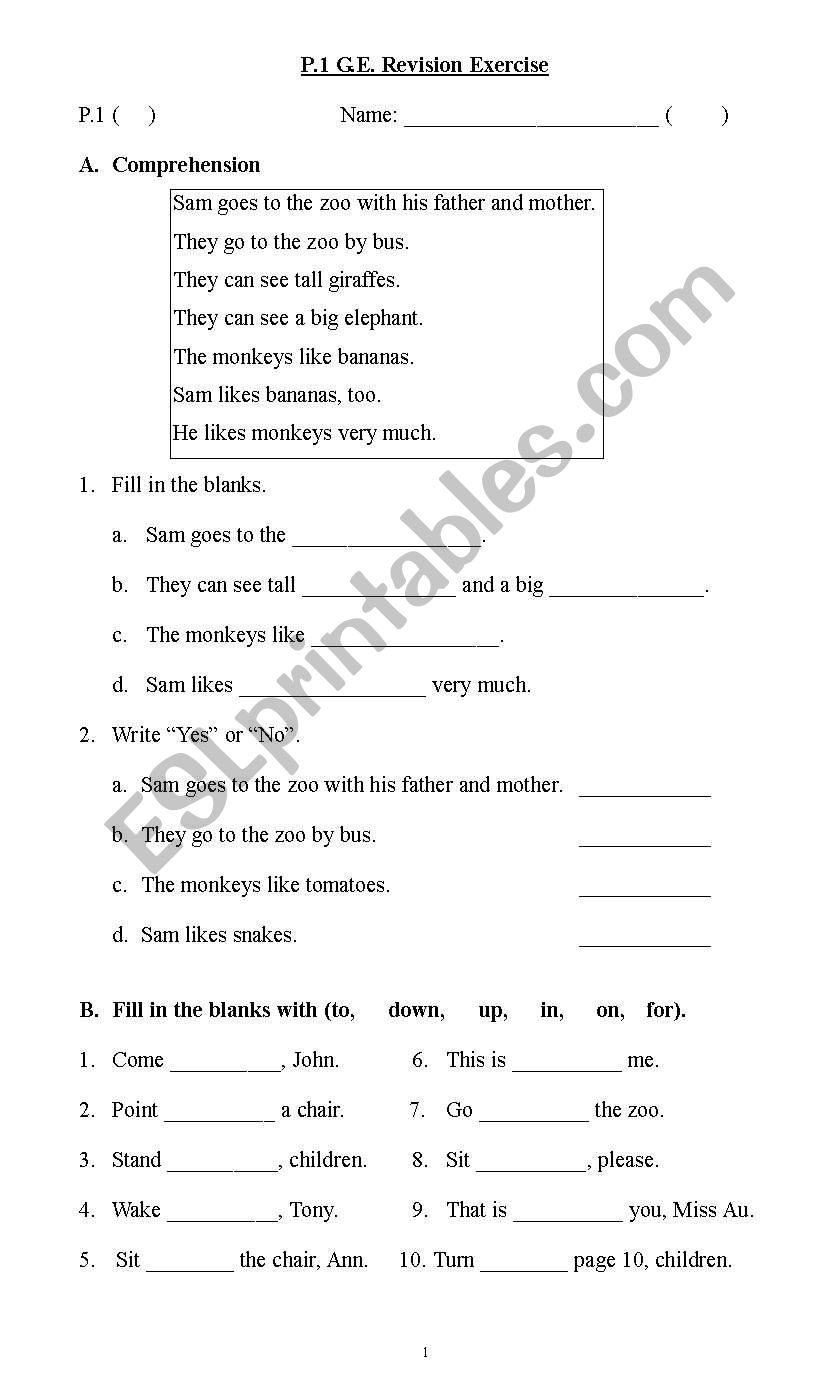 P.1 English worksheet worksheet