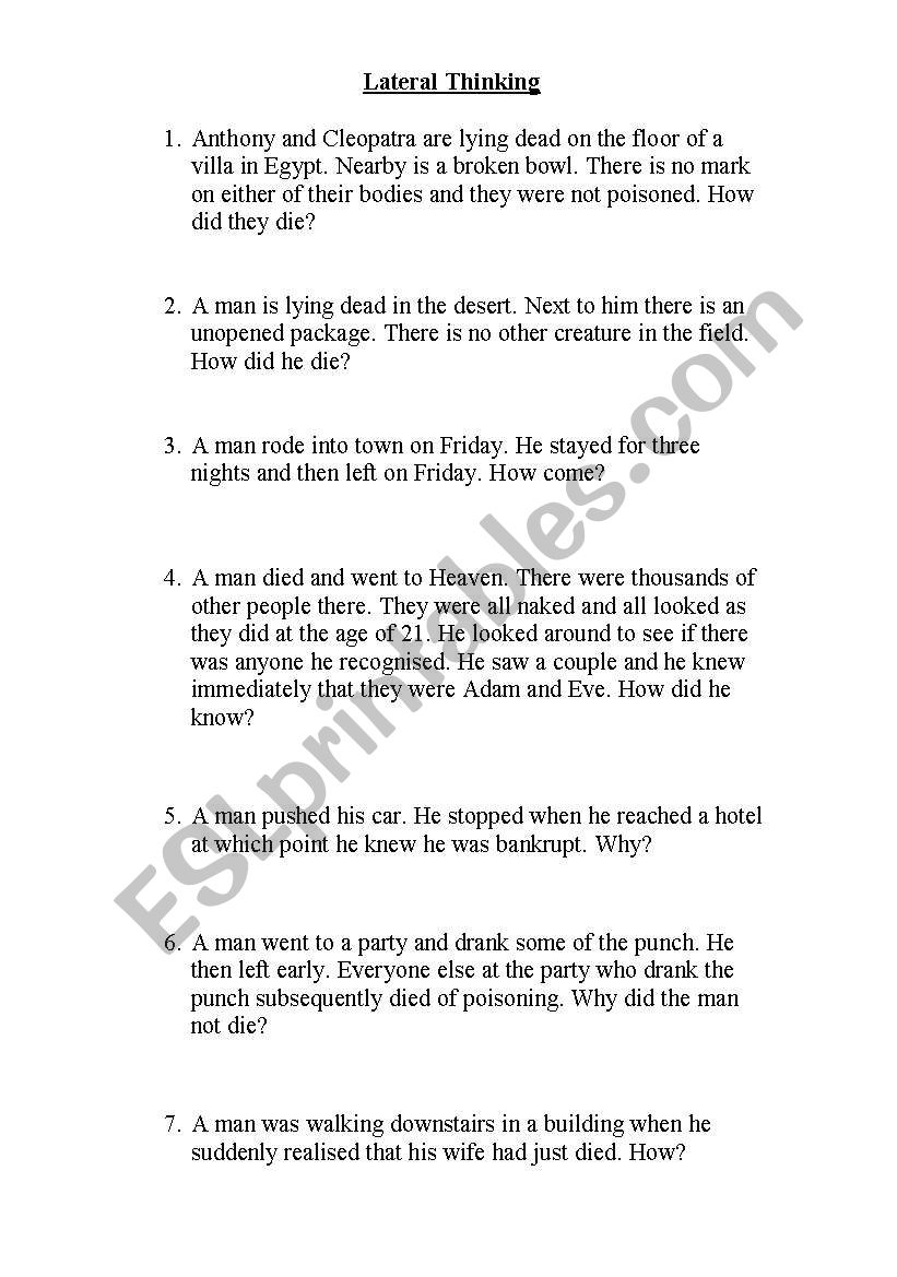 Lateral Thinking Puzzles worksheet