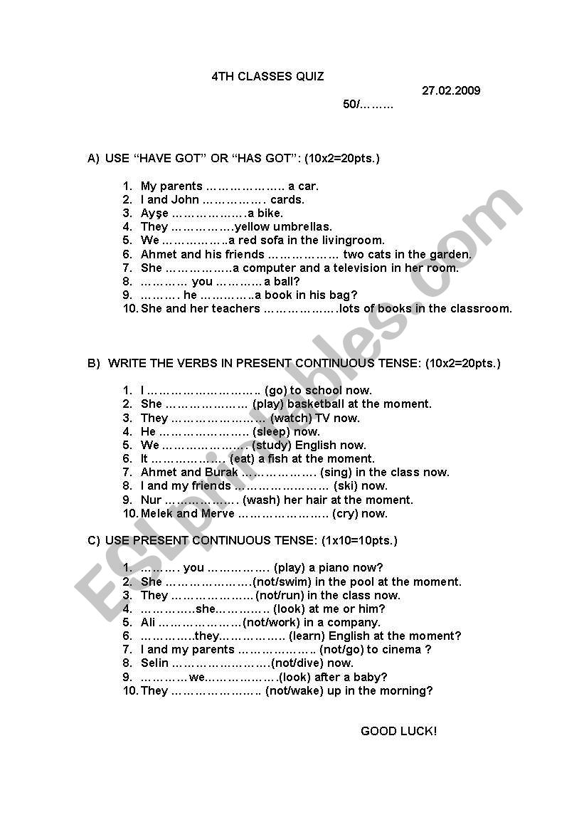 simple quiz for 4th grades worksheet