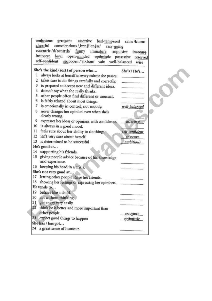 vocabulary personality worksheet
