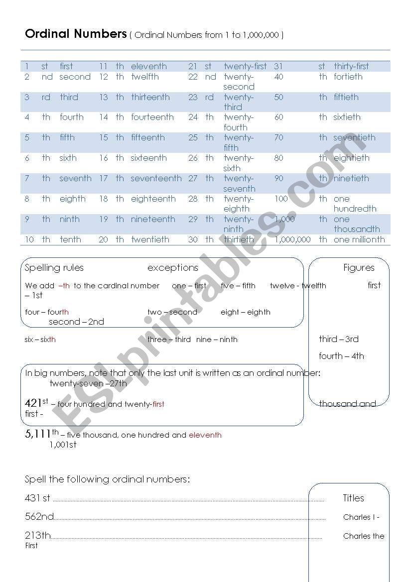 ordinal numbers worksheet