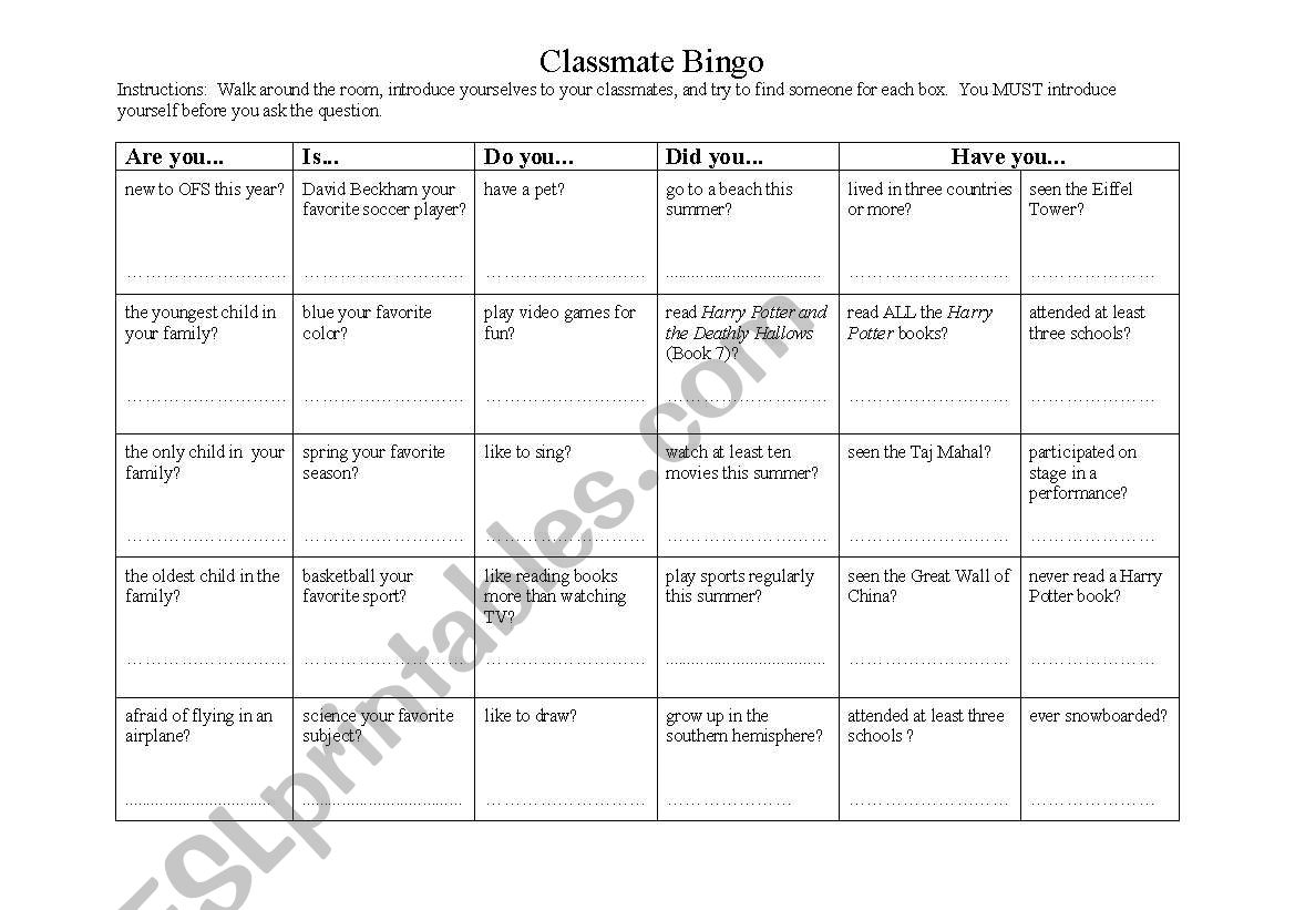 ESL Classmate Bingo worksheet
