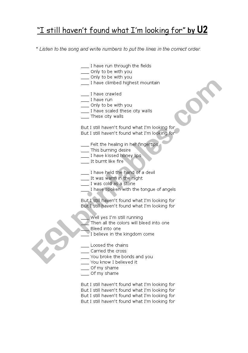 song activity - U2 I still havent found what Im looking for  - present perfect