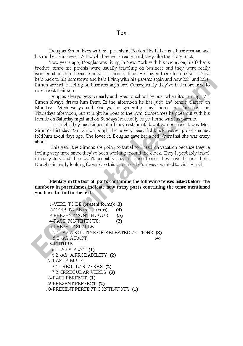 A variety of tenses in a text worksheet