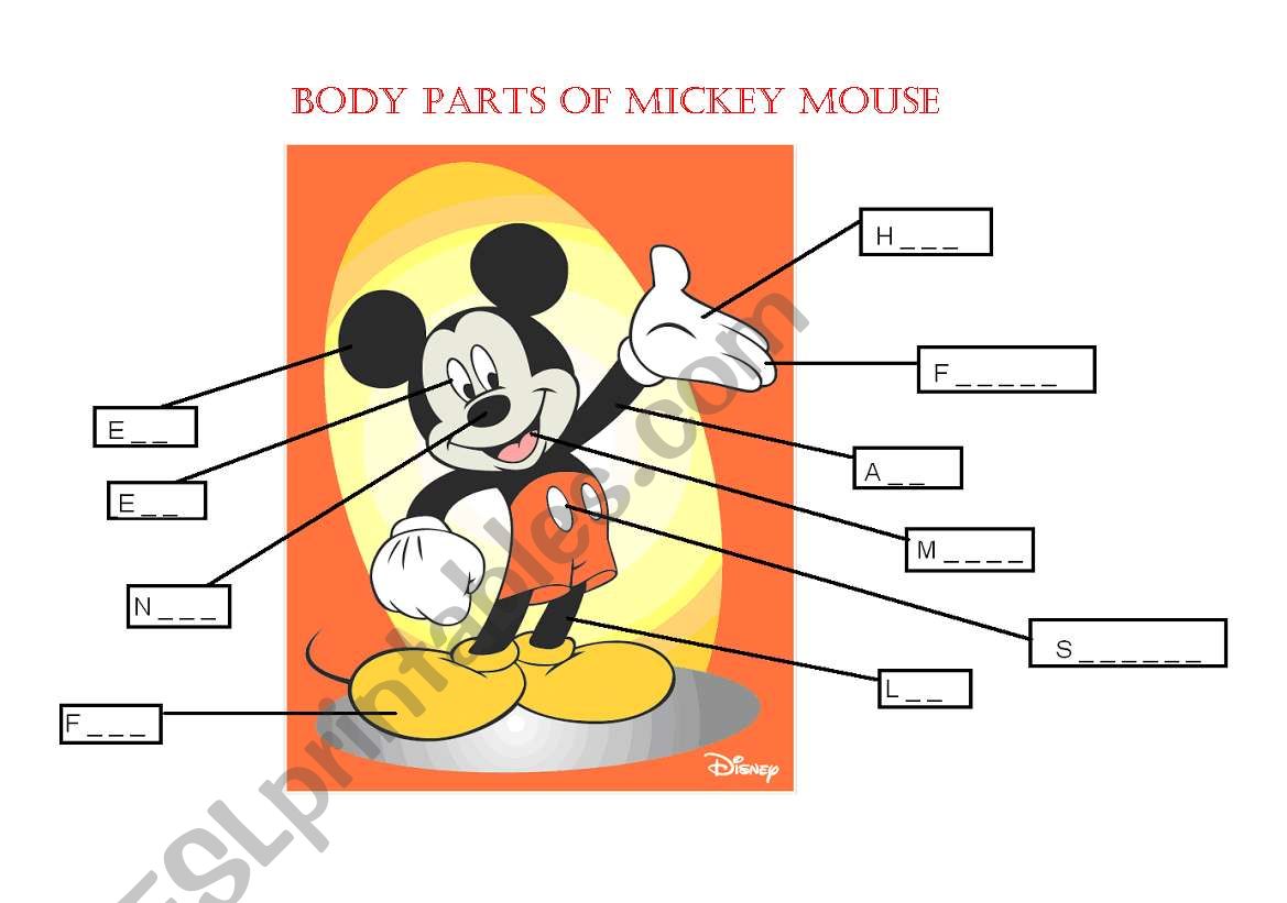 Body parts of Mickey Mouse worksheet