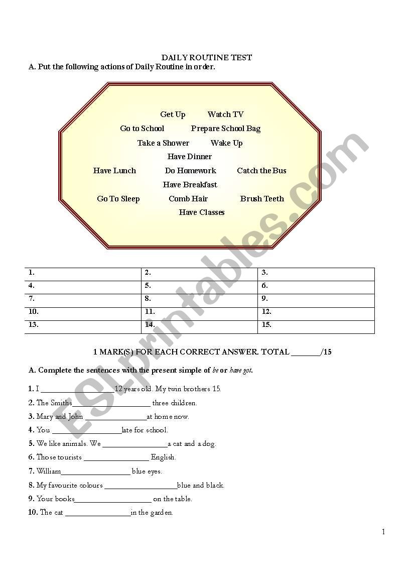 Test on Daily Routine worksheet