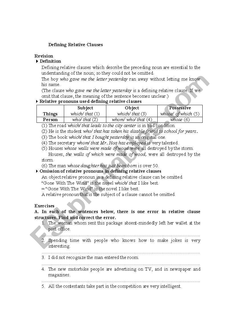 Defining Relative Clauses worksheet