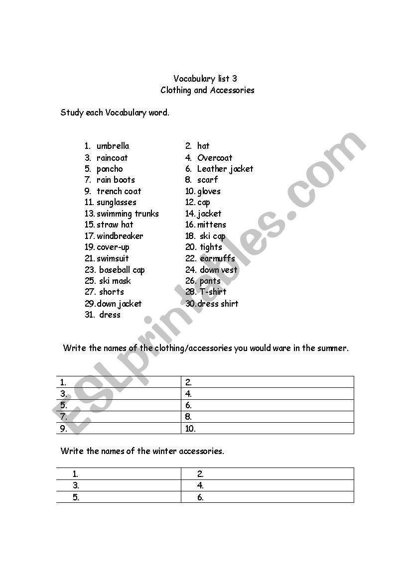 Vocabulary list 3 Clothing and Accessories 2 of 2