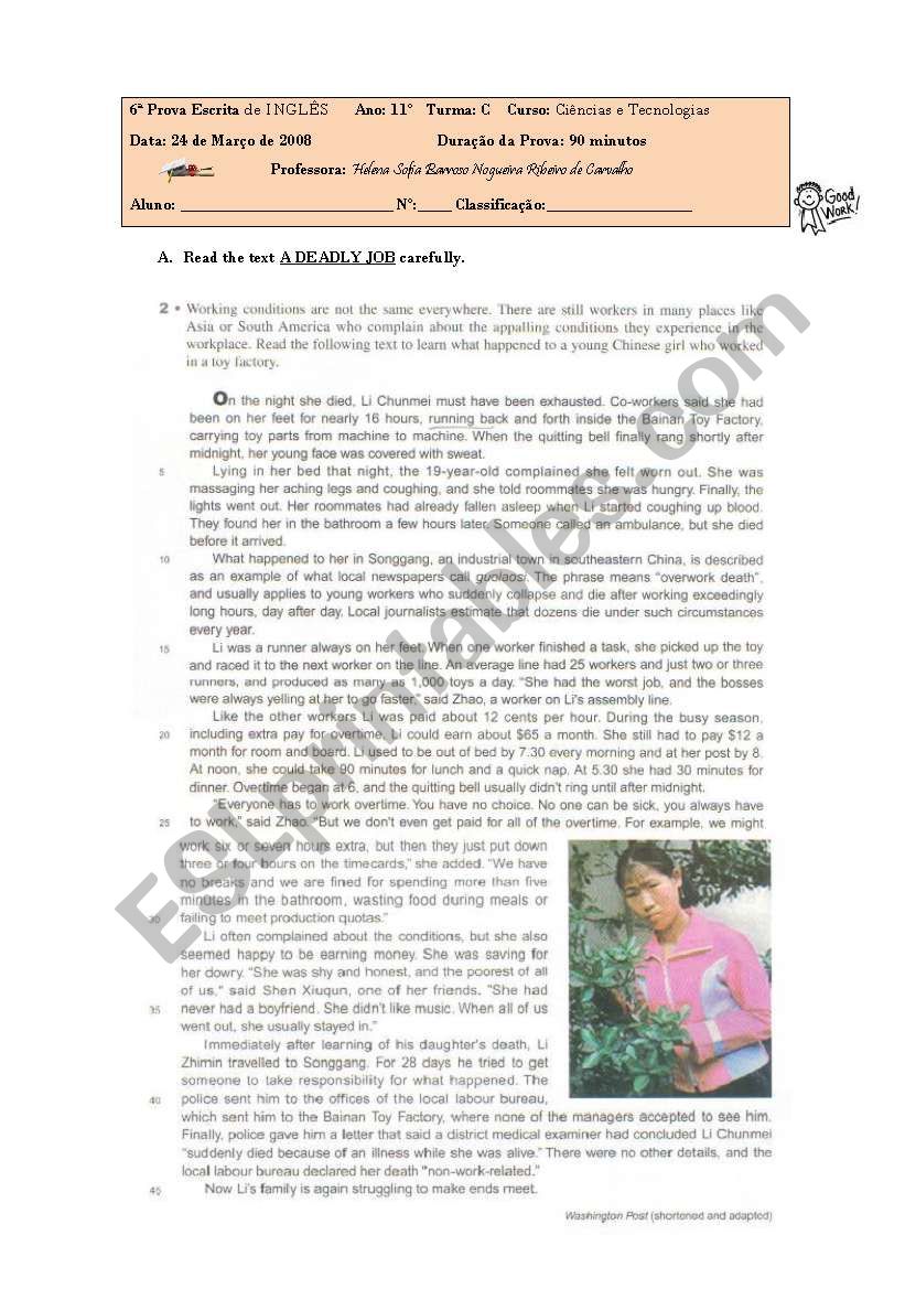 test on child labour worksheet