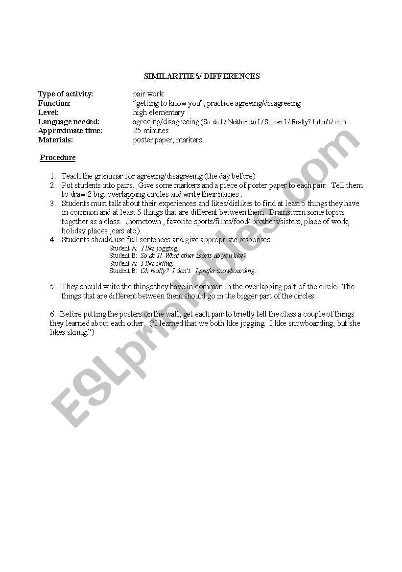 similarities/differences worksheet