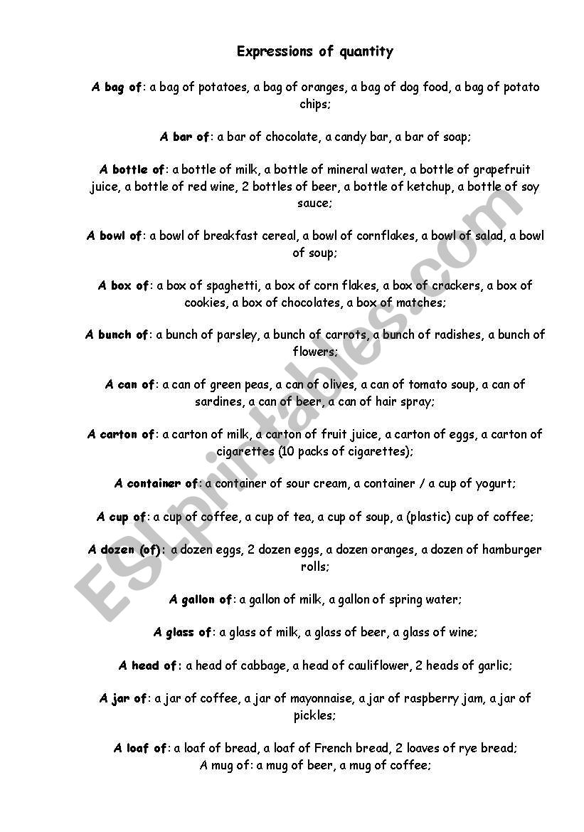 Expressions of quantity worksheet