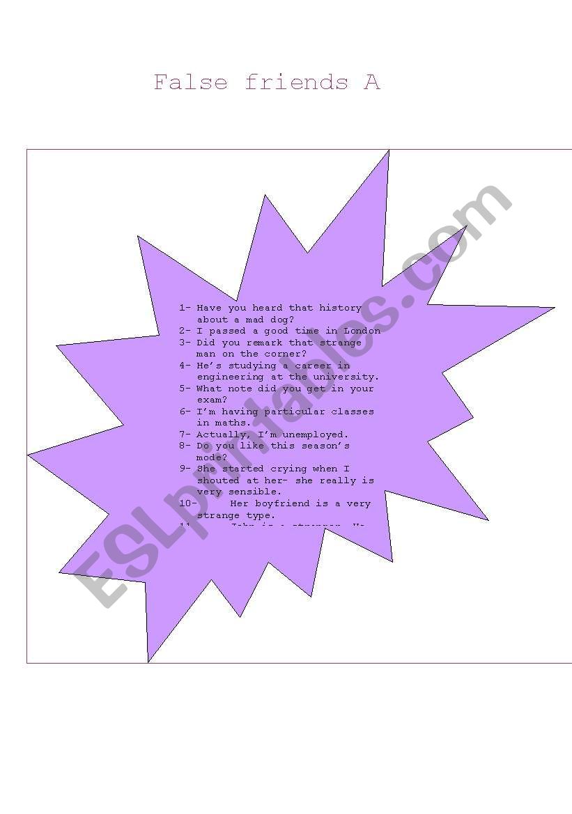 FALSE FRIENDS : a tennis match game       (instructions + key)