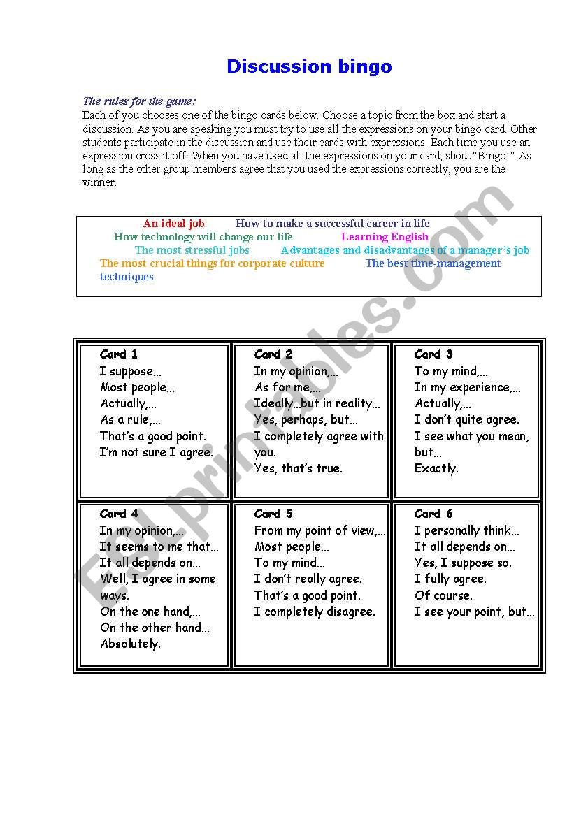 Discussion Bingo worksheet