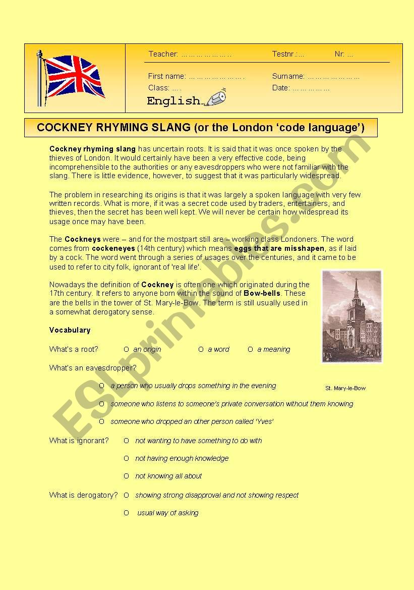 Cockney Rhyming Slang activity ( London code  language)
