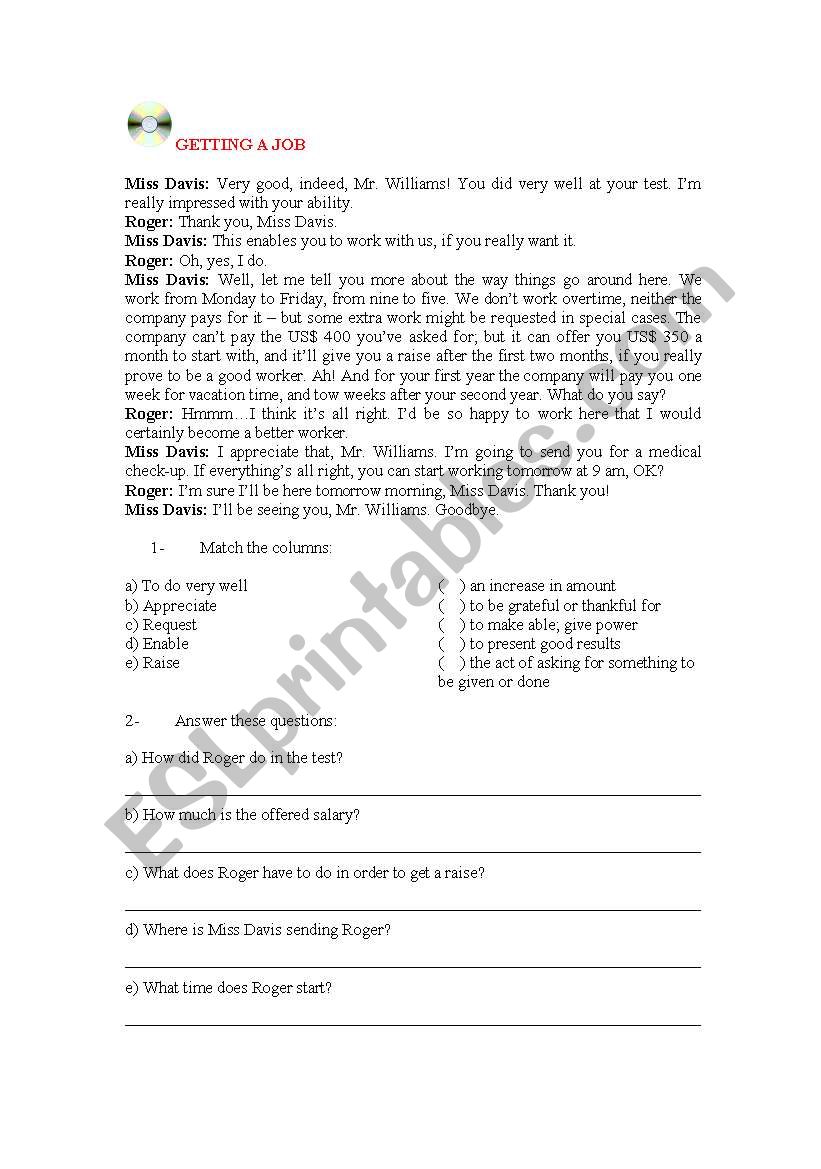 Getting a job worksheet