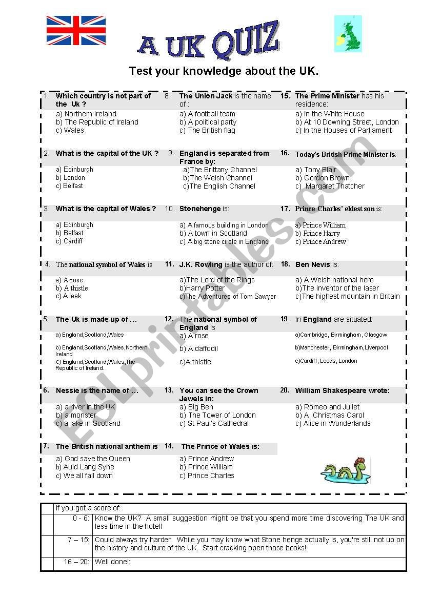 a uk quiz worksheet