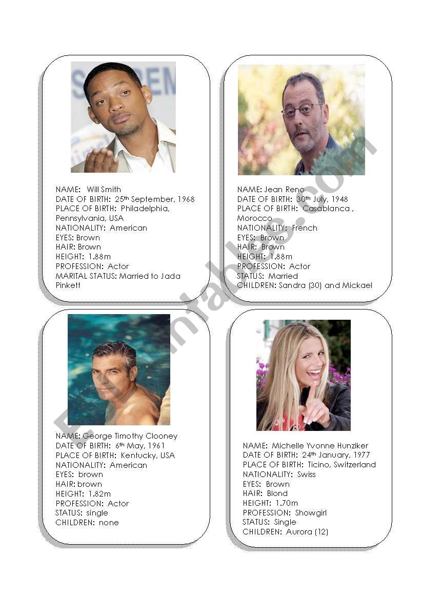 Celebrity Cards worksheet