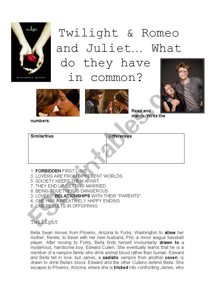 TWilight & Romeo and Juliet worksheet
