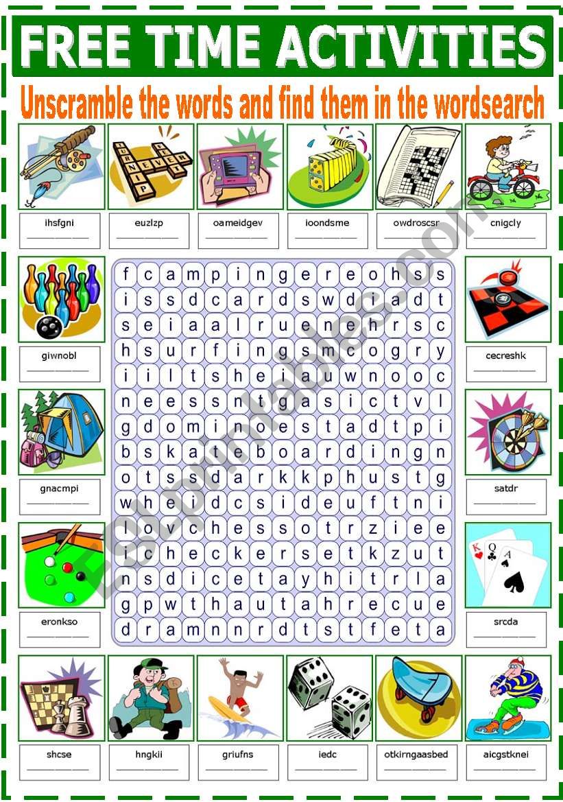 FREE TIME ACTIVITIES WORDSEARCH
