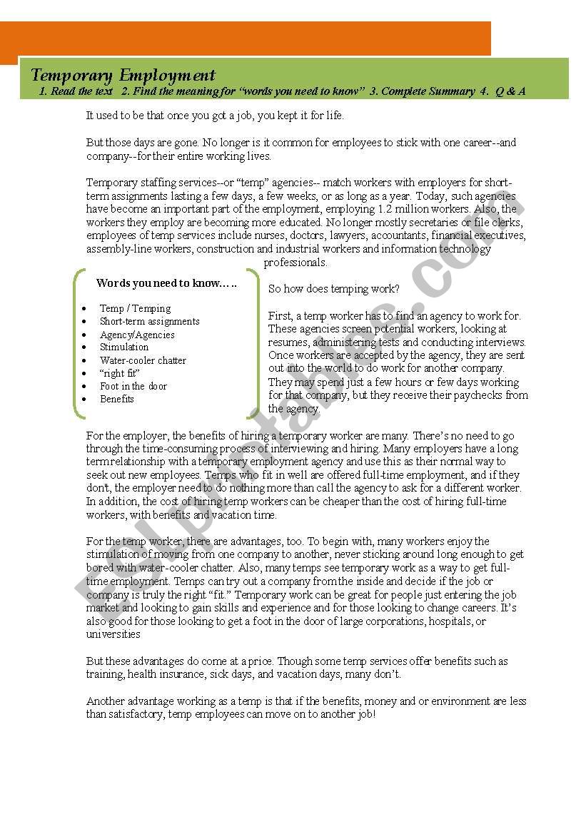 Temporary Employment worksheet