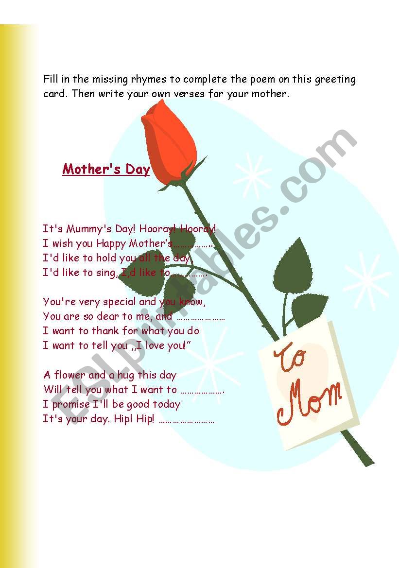 Dedicated to mom worksheet