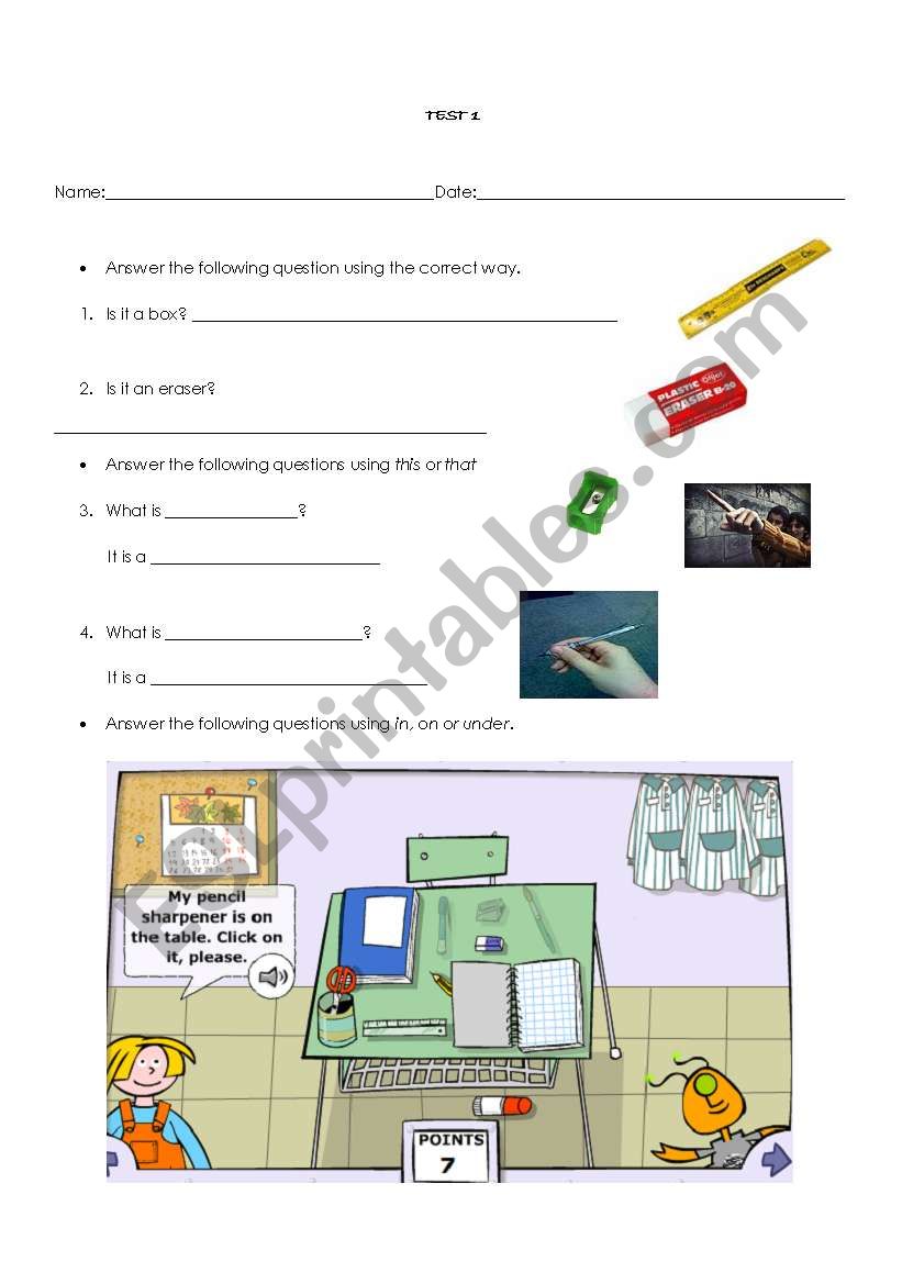 prepositions in, on, under worksheet