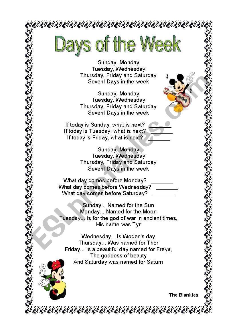 Days of the week song worksheet