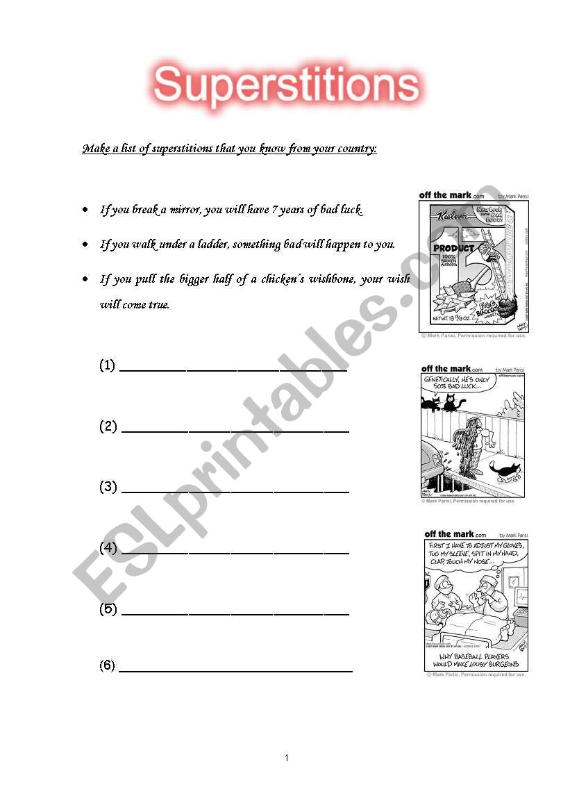 Superstitions for Friday 13th worksheet