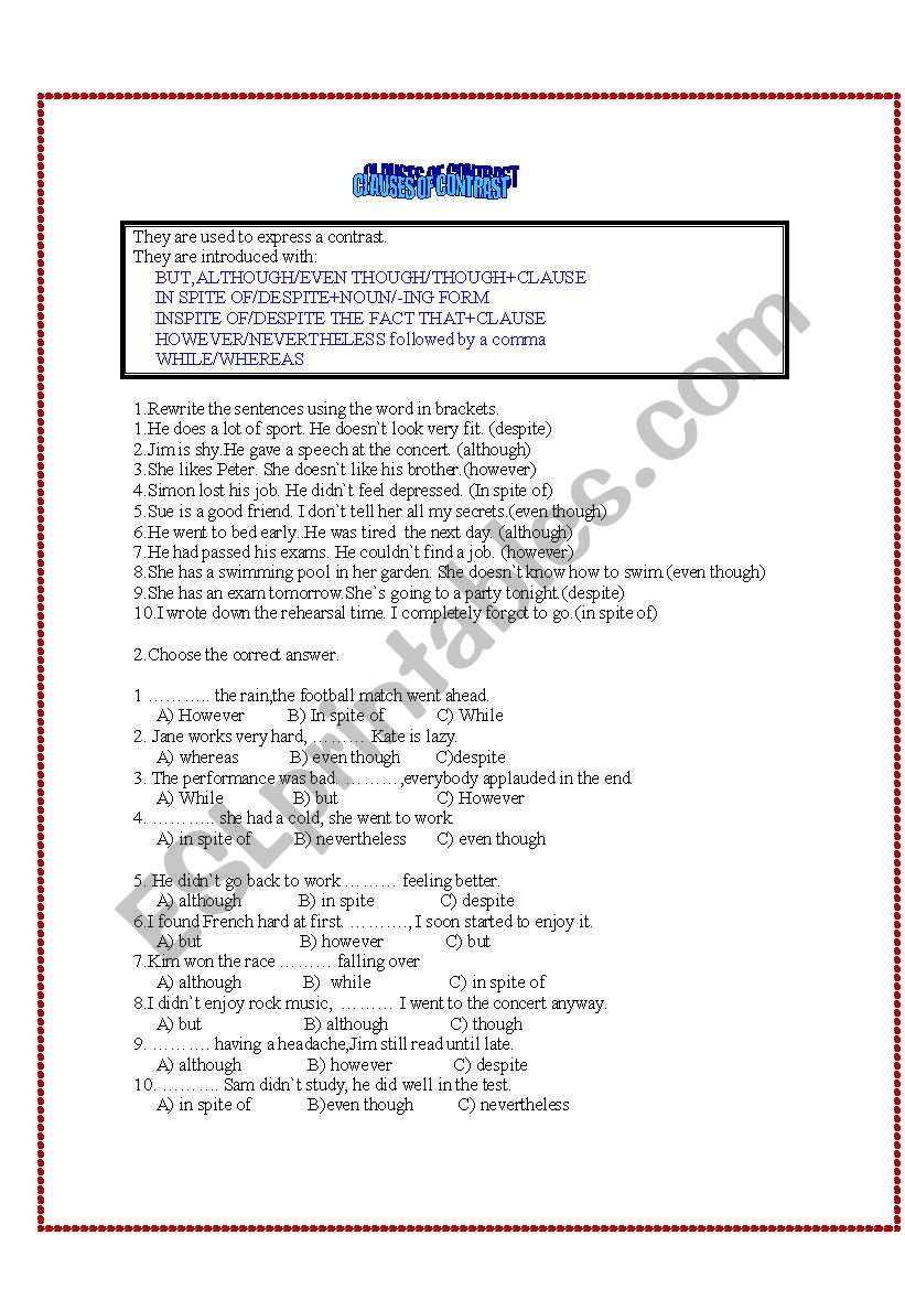 Clauses of contrast worksheet