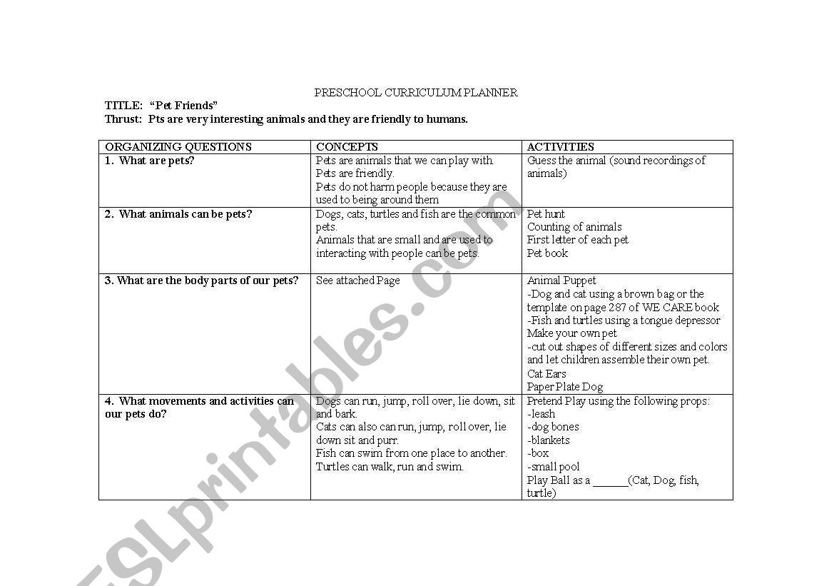 PRESCHOOL PETS THEME worksheet