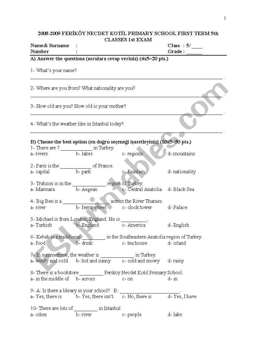 5th Grade elementary exam first term 