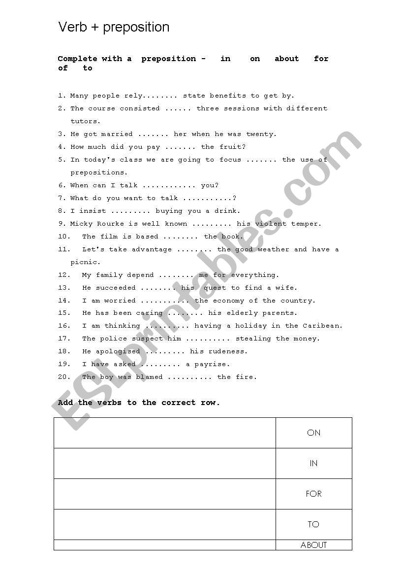 Verb + prepositon worksheet