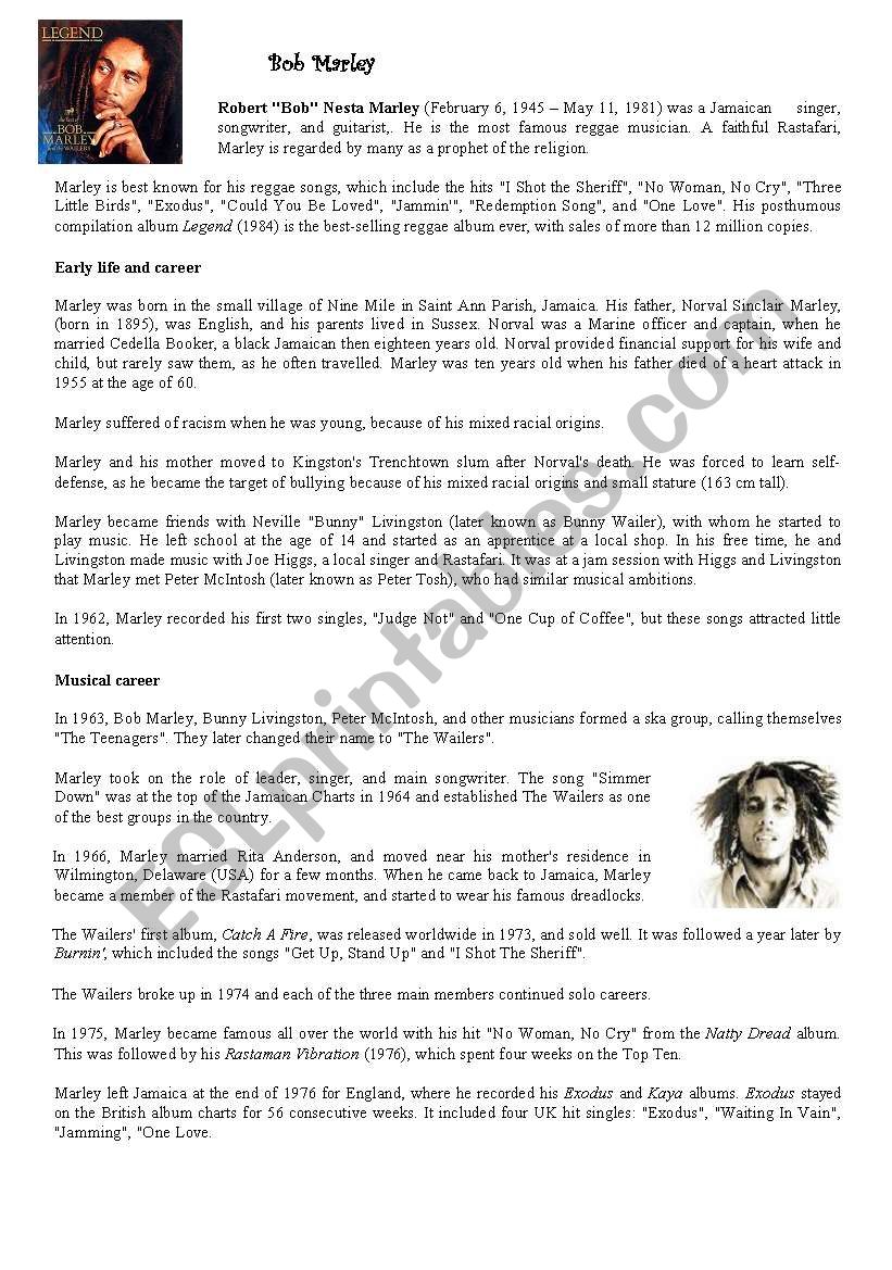 Bob Marley worksheet