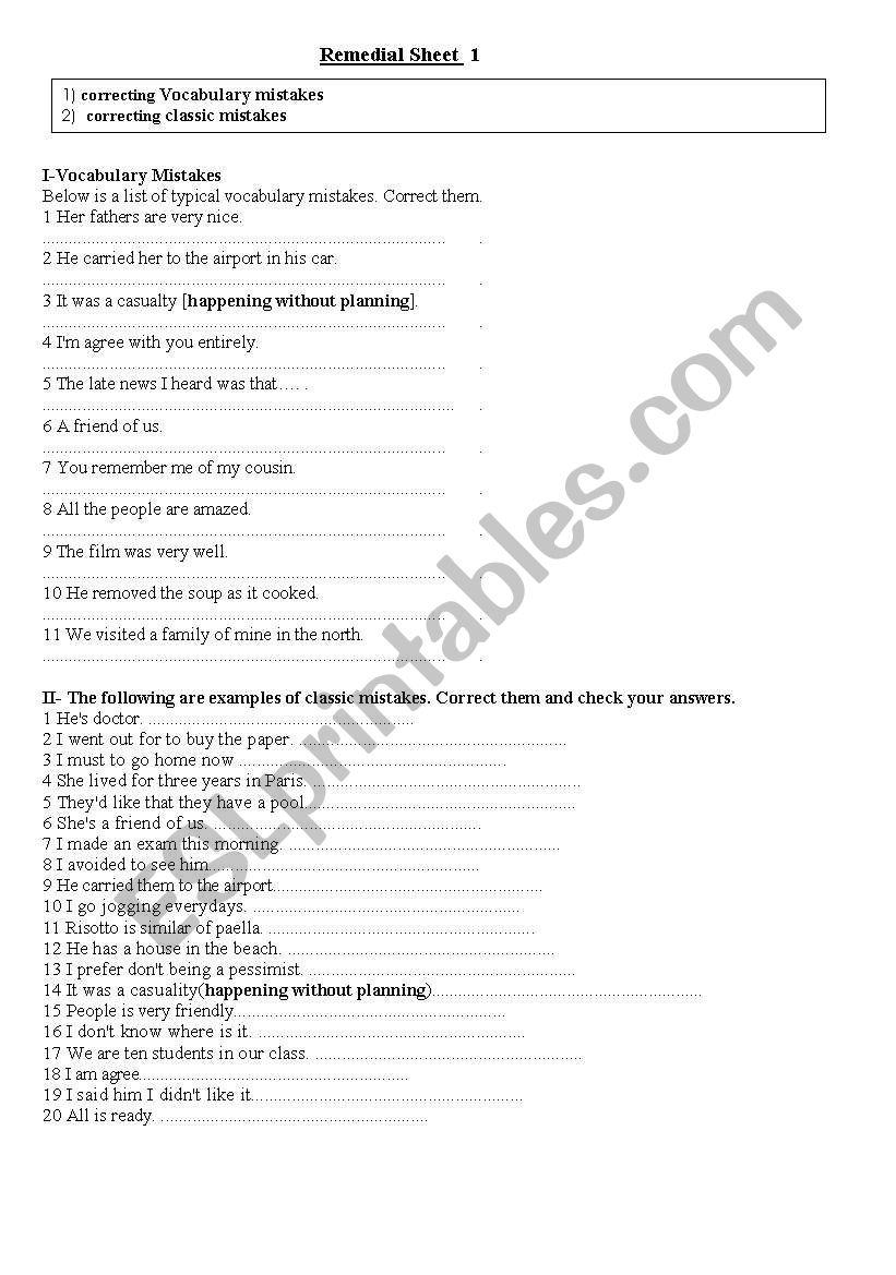 Remedial sheet worksheet