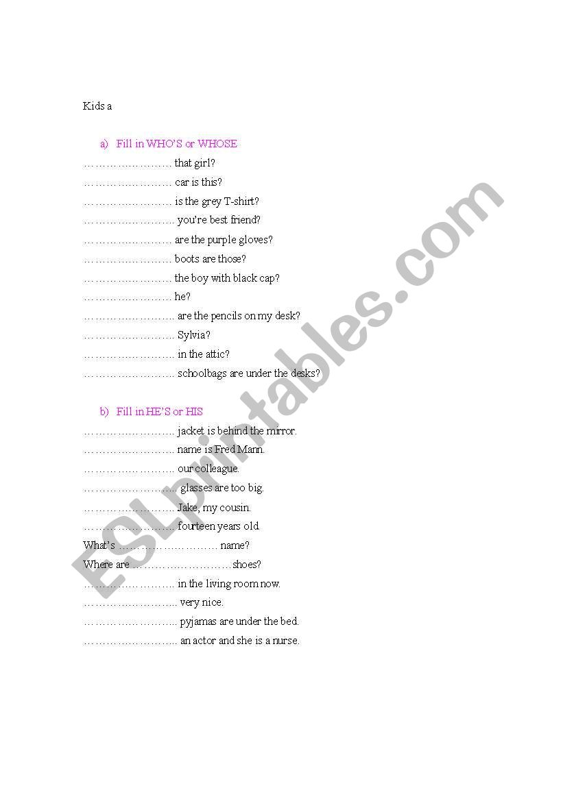 WHOSE or WHOS ? worksheet