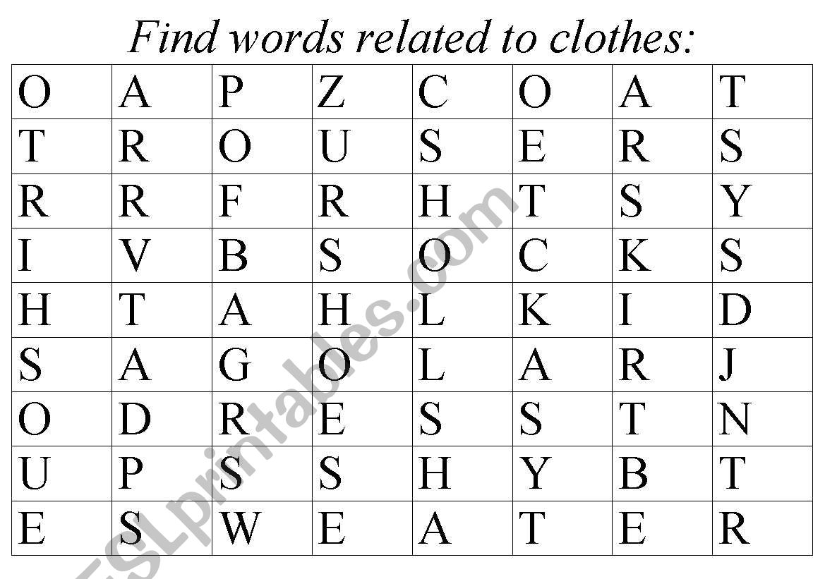 Clothes wordsearch worksheet