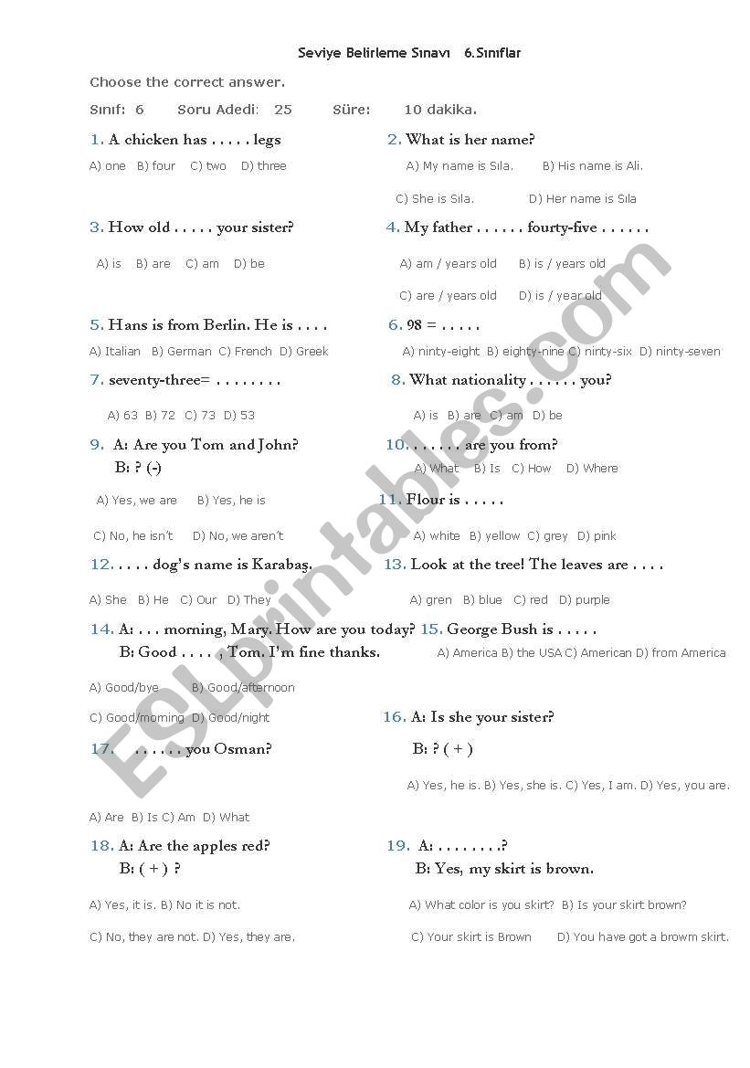 revision test 6th grade worksheet