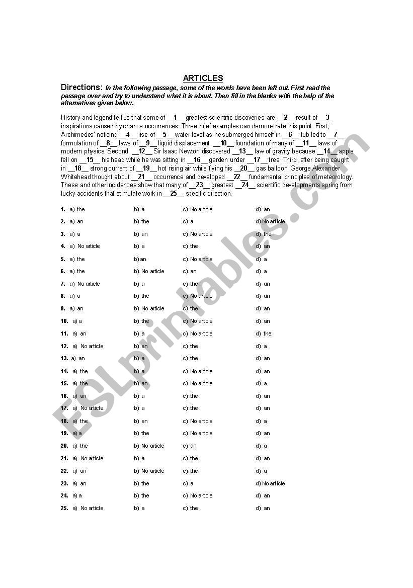 Articles worksheet
