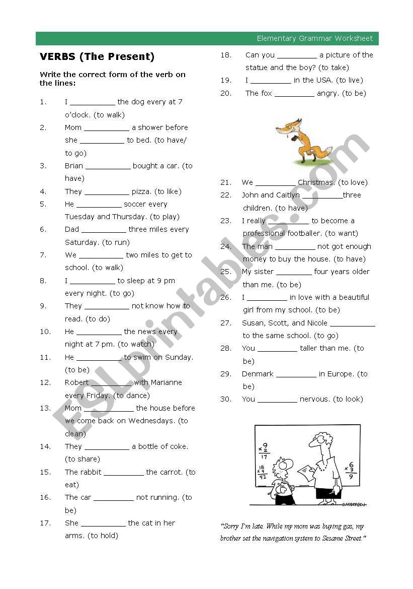 VERBS (The Present) -Part of Elementary Grammar Worksheets