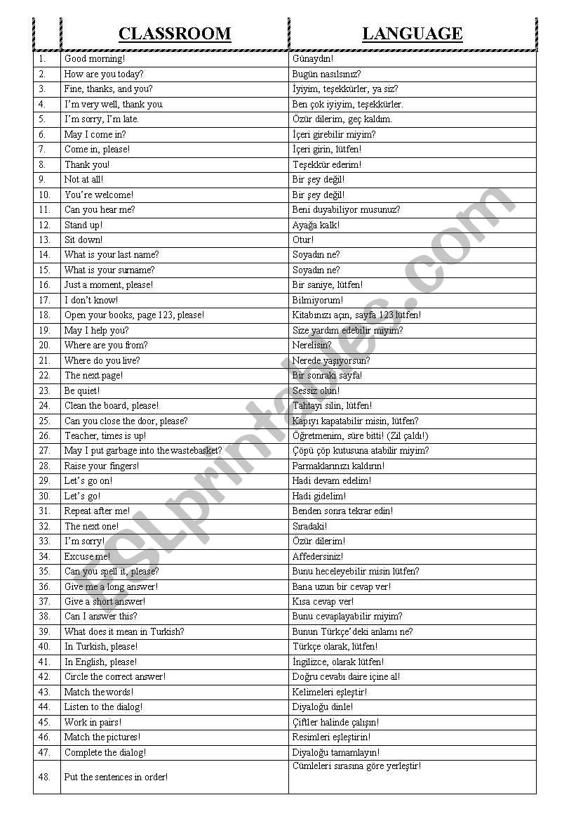 classroom language worksheet