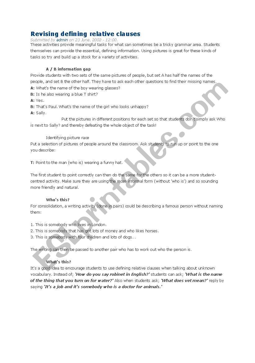 relative clause game worksheet