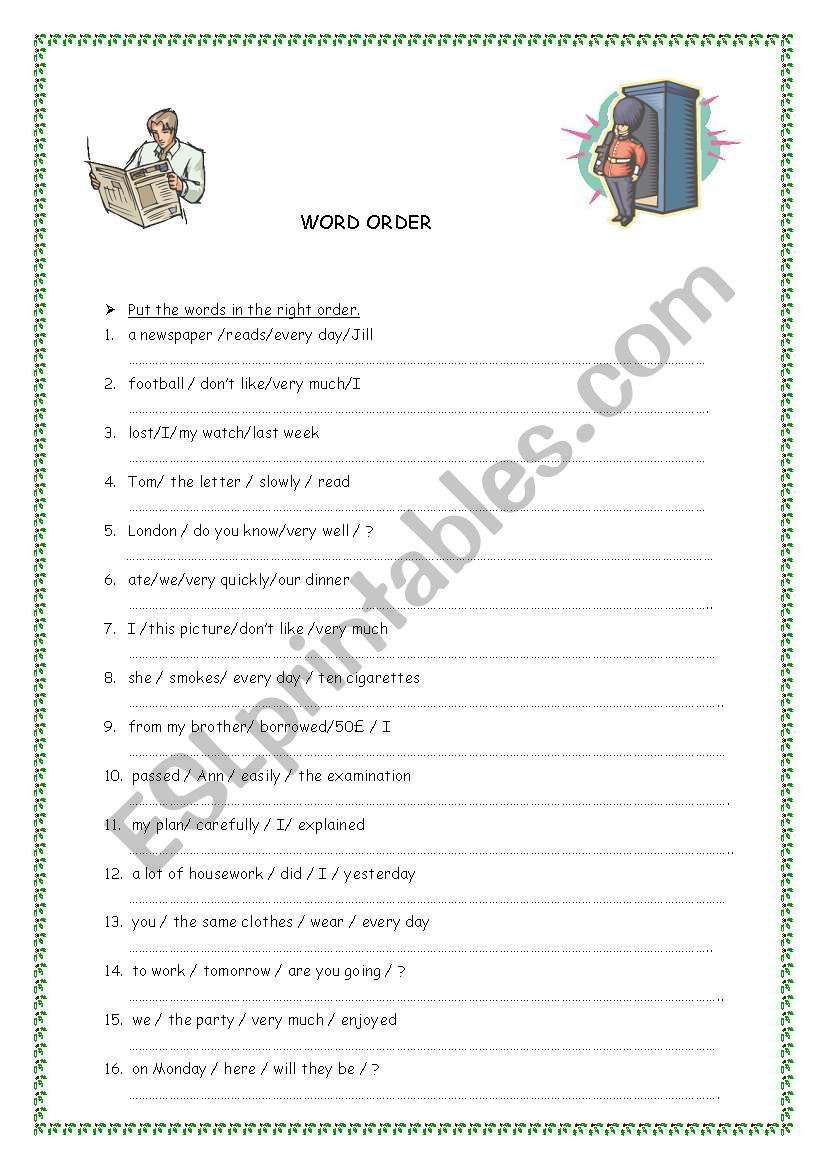 Word order worksheet