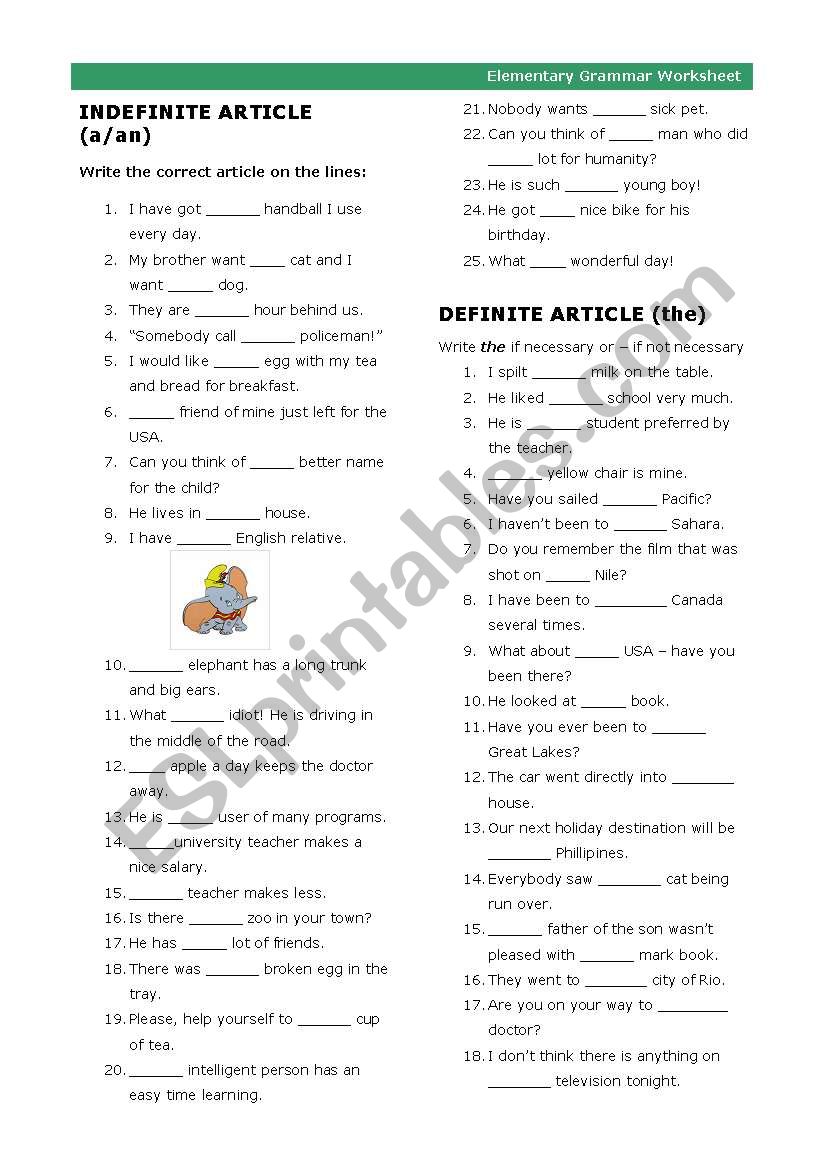 ARTICLES (a/an/the) -Part of Elementary Grammar Worksheets
