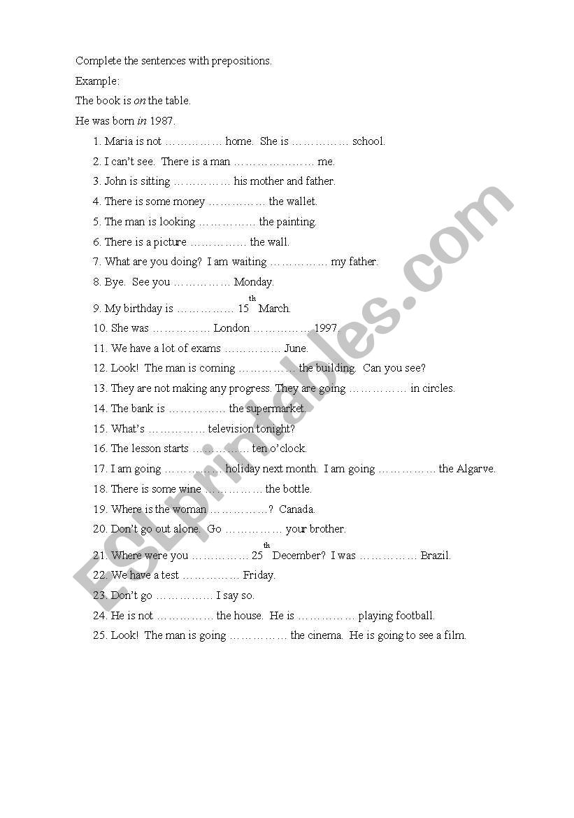 Prepositions worksheet