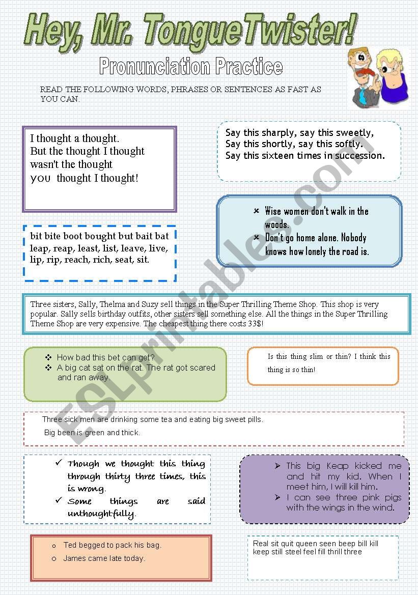 Hey, Mr. TongueTwister! Pronunciation Practice. - ESL worksheet by life ...