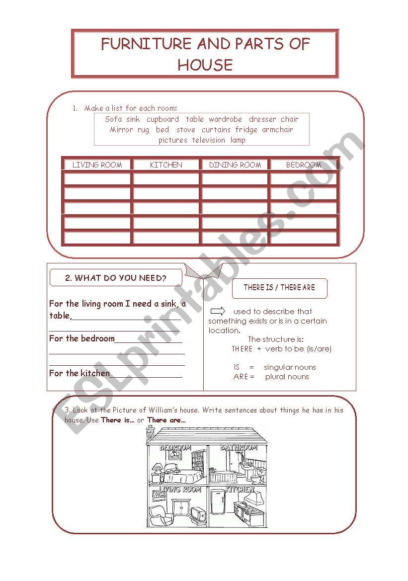 Furniture and Parts of House worksheet