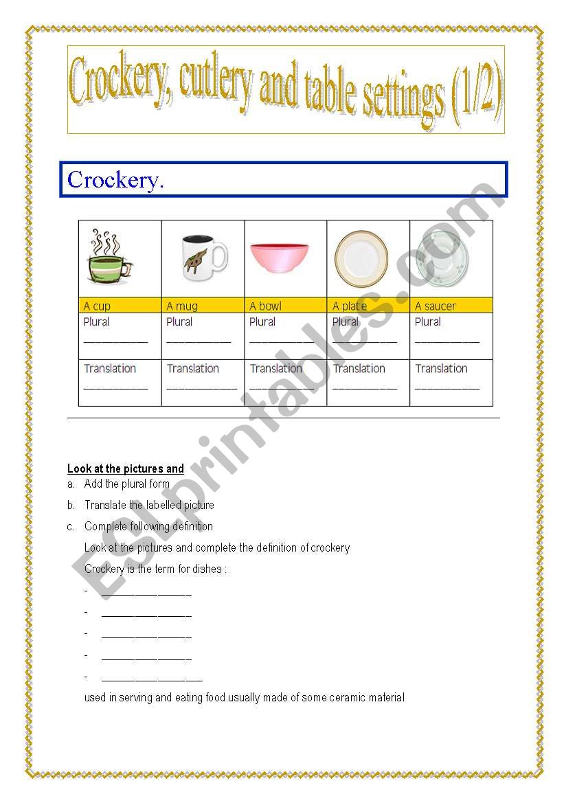 Crockery, cutlery, table settings part 1 (of 2) (this part 3 pages)