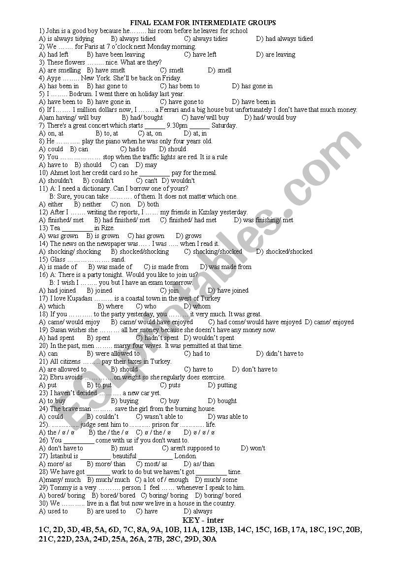 intermediate grammar exam worksheet