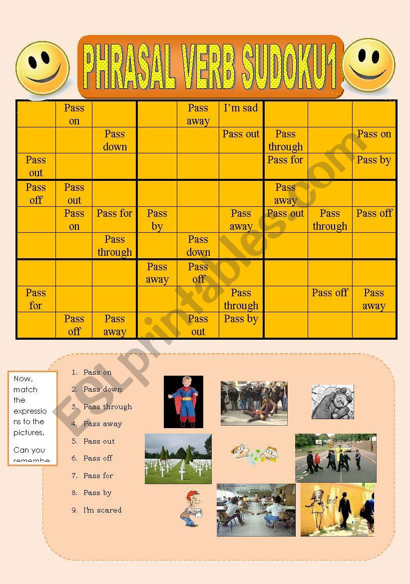 PHRASAL VERBS PASS SUDOKU worksheet