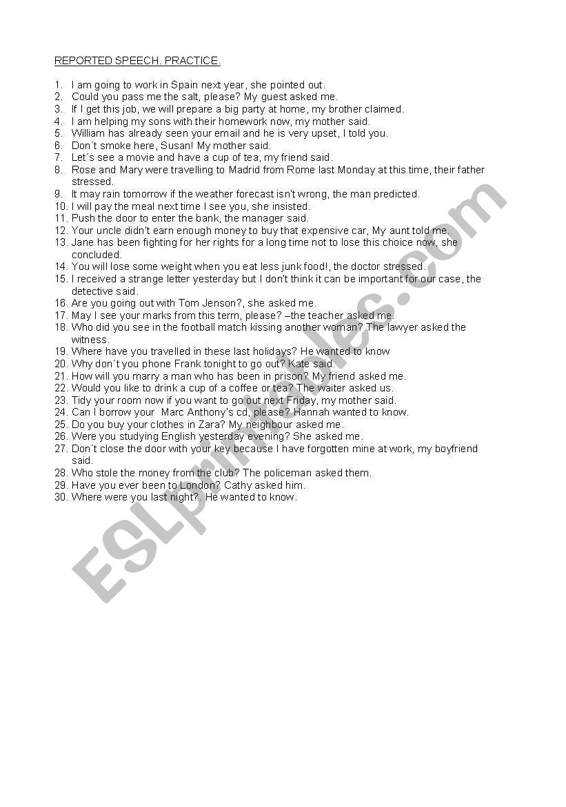 Reported Speech worksheet